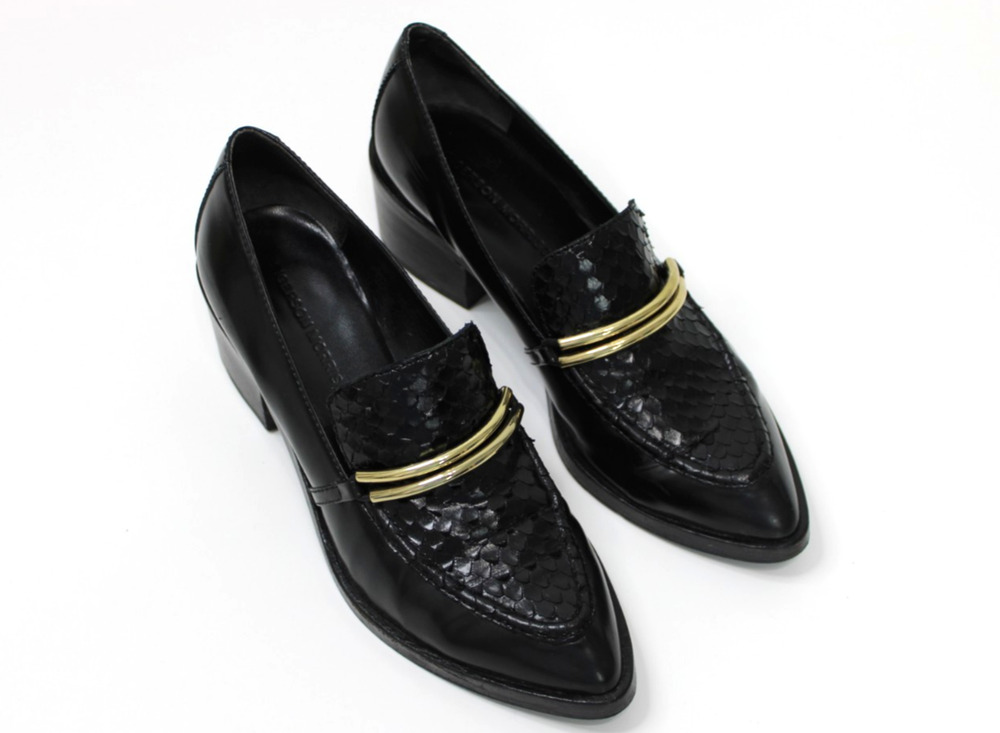 SIGERSON MORRISON Size 7 Black Savana Leather Snake Skin Loafers Shoe Block Heel